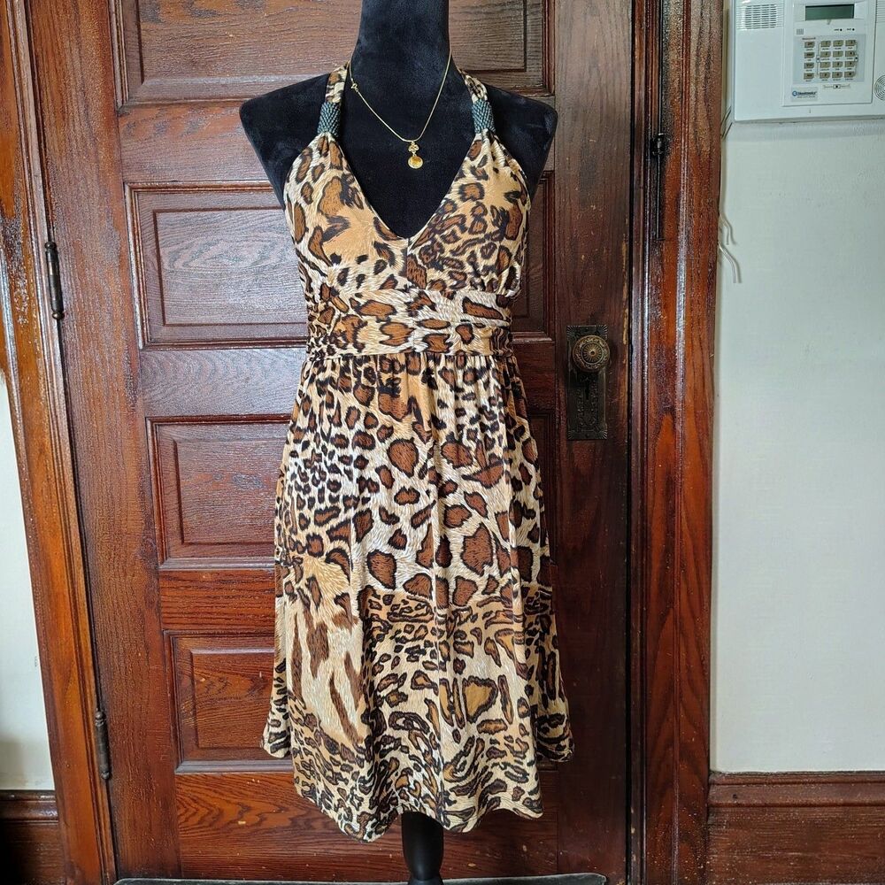 Beaded Halter Top Dress Y2K Edgy Leopard Mob Wife Sz S/T674